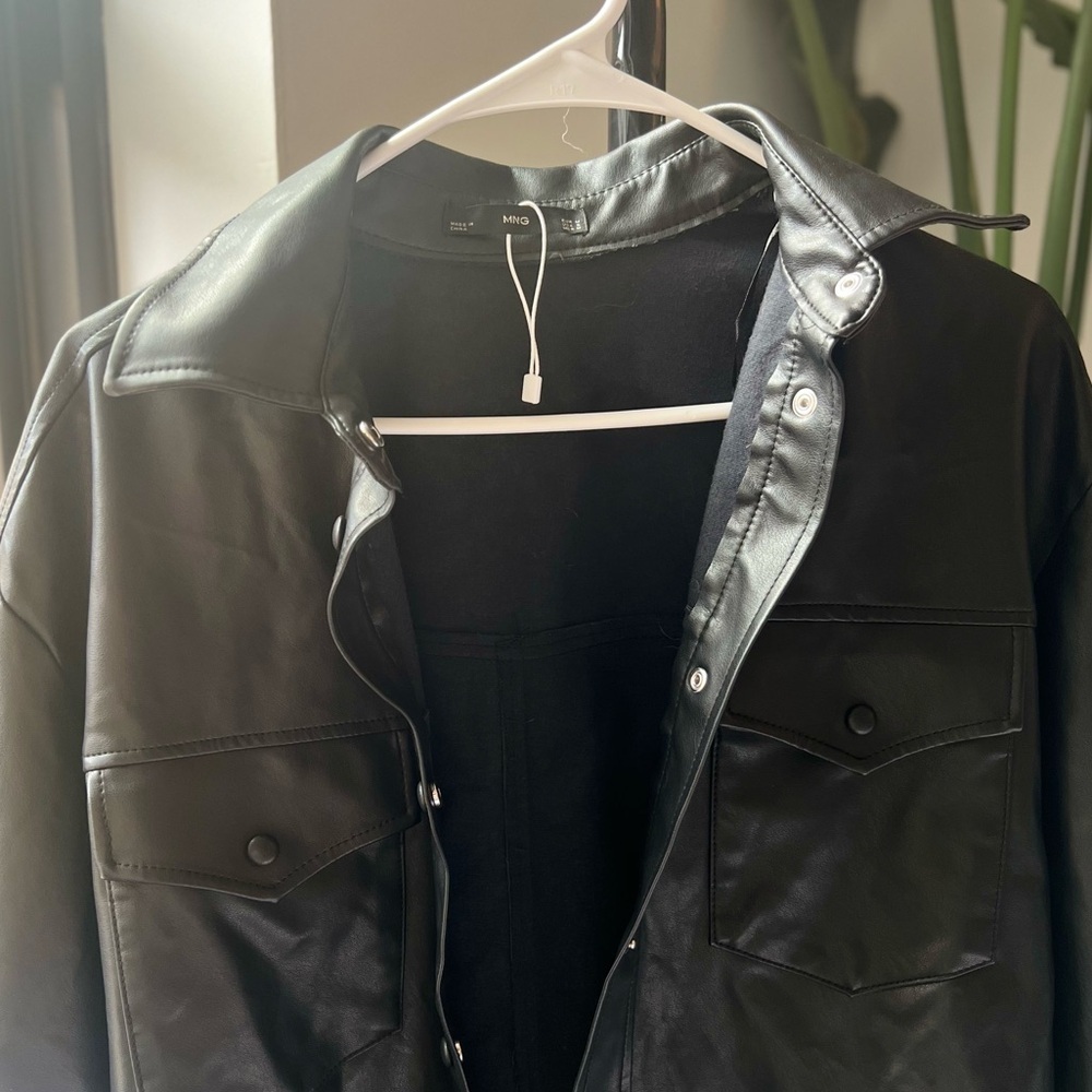 NWOT Mango black leather button up collared outerwear jacket top